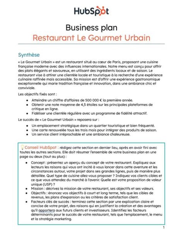 Business plan pour un restaurant Excel : exemple gratuit
