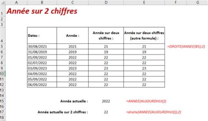 Excel année sur 2 chiffres : formule & exemple sur 2 caractères