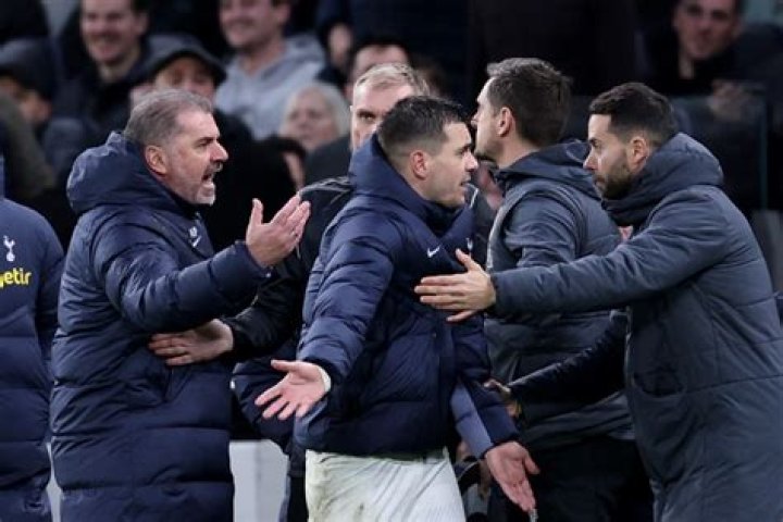 Furious Ange Postecoglou held back in heated row with Bournemouth staff as Spurs close gap on Arsenal with huge win