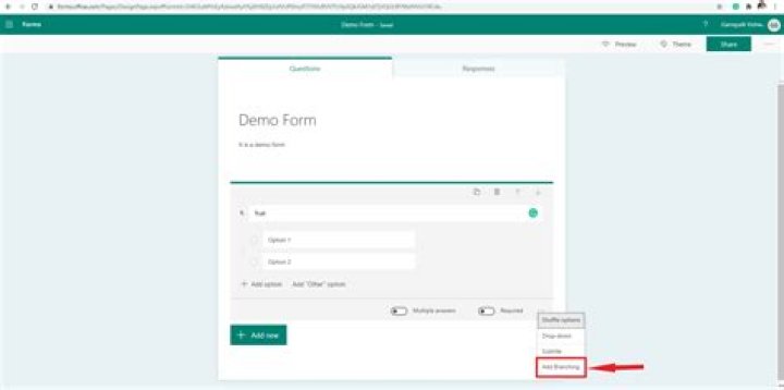 How to add branching in microsoft forms