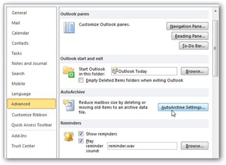 How to manage autoarchive in outlook 2010