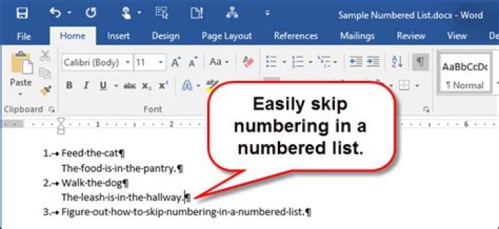 How to skip numbering in a numbered list in word