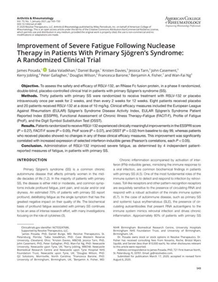Improvement of Severe Fatigue Following Nuclease Therapy in Patients With Primary Sjögren's Syndrome: A Randomized Clinical Trial - ePrints