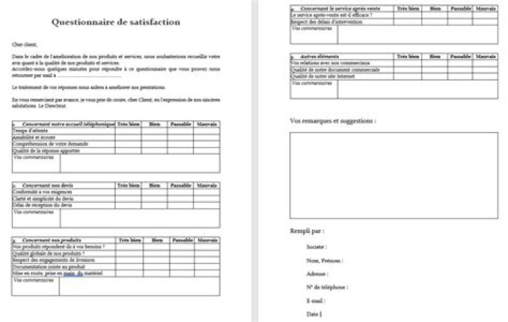 Questionnaire satisfaction client Word : modèle gratuit