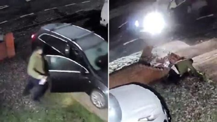Shocking moment car thief rams owner into a brick wall & smashes the door off when screeching out of his driveway