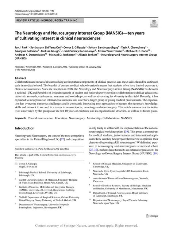 The Neurology and Neurosurgery Interest Group (NANSIG)—ten years of cultivating interest in clinical neurosciences - ePrints