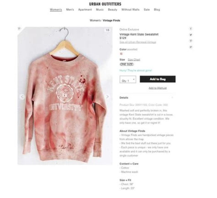 Urban Outiftters' Bloody Kent State Sweatshirt Is Up For Sale On eBay After Being Pulled From Website