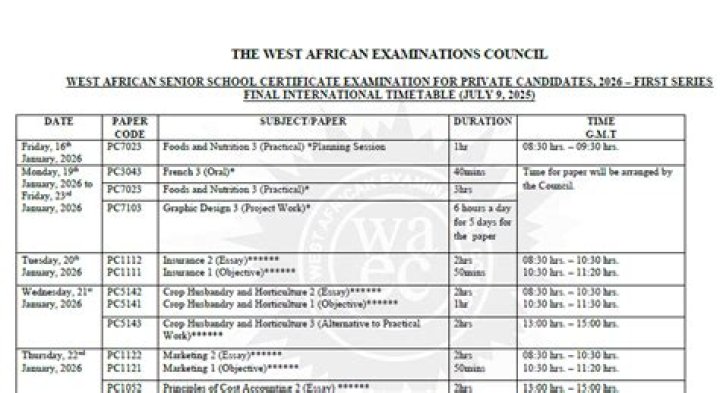 WAEC Releases Full WASSCE Timetable, Examination Begins 20th July February 2024