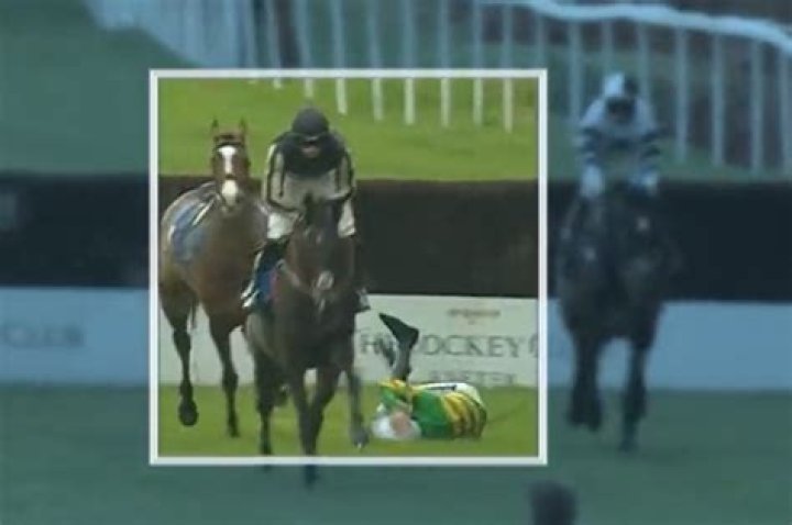Watch loose horse cause chaos and try to headbutt two others moments after dumping jockey to the ground